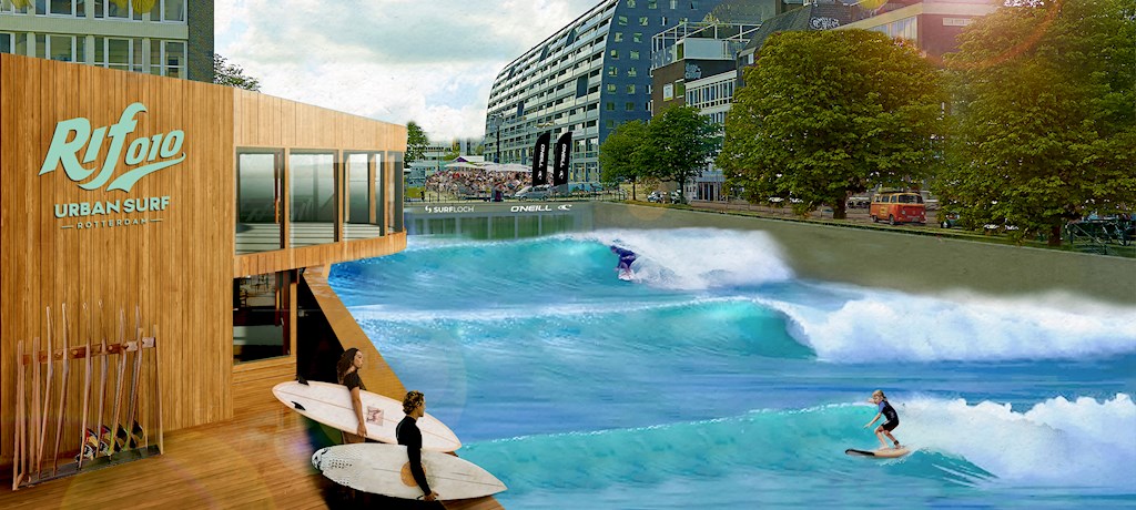Artist impression van de urban surfpool van RiF010 in Rotterdam met surfers op het water