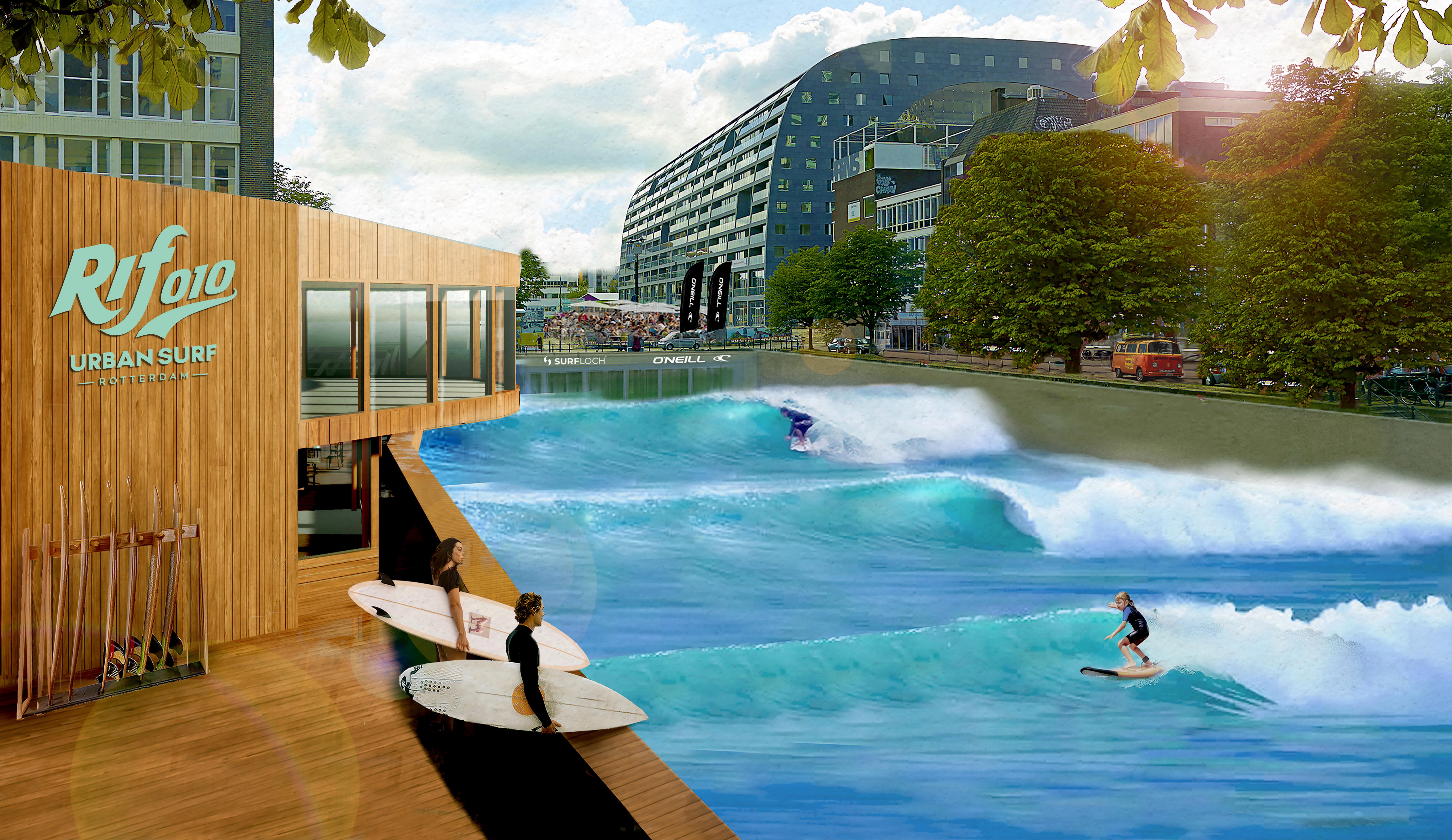Artist impression van de urban surfpool van RiF010 in Rotterdam met surfers op het water