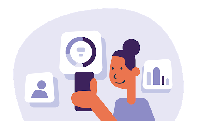 Illustratie van vrouw die op haar telefoon haar energie inzichten bekijkt