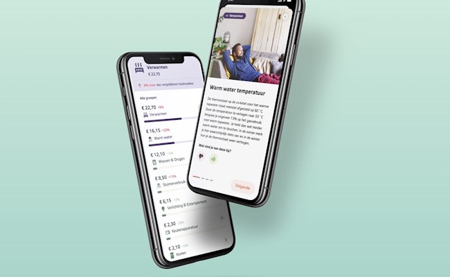 Illustratie van twee smartphones op een lichtgroene achtergrond.