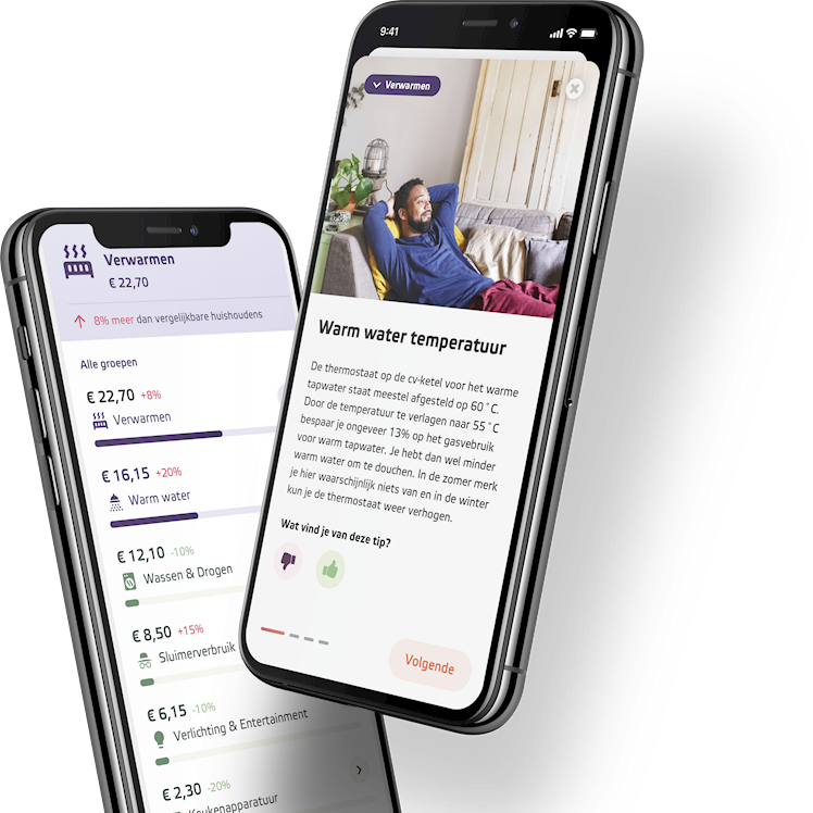 Twee telefoons met bespaartips op de Eneco app